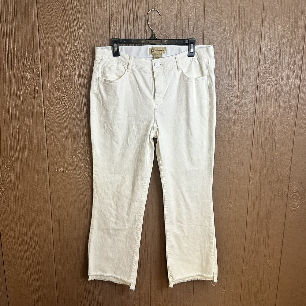 Democracy AB Technology Women's White Bootcut Distressed Hem Cropped Jeans Sz 14